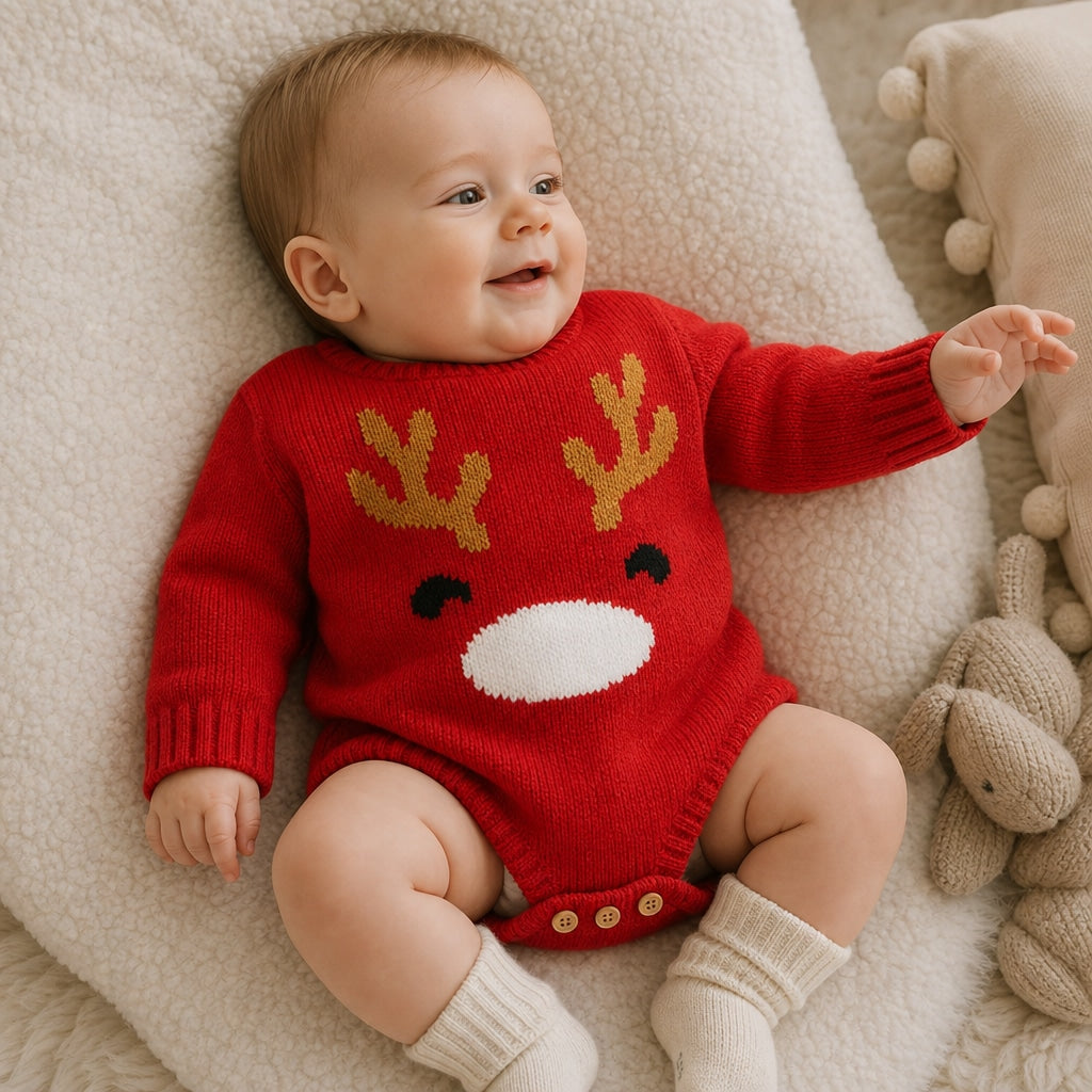 Stickad babybody med julmotiv